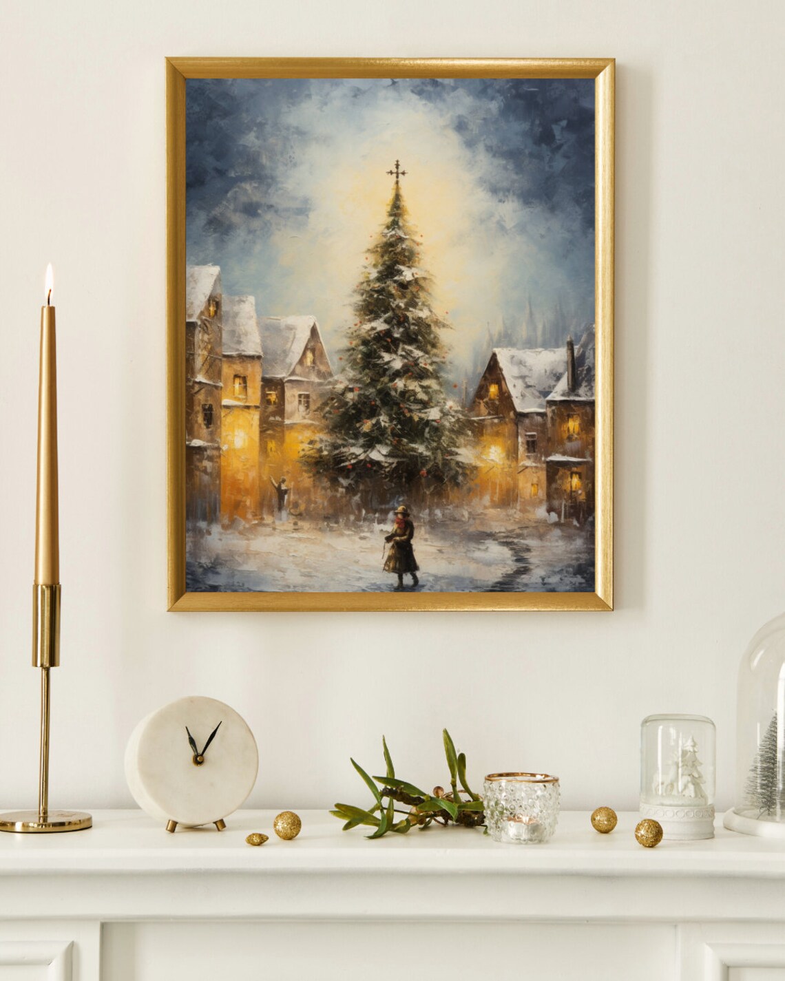 Village Square Christmas Tree Snowy Night Oil Painting Poster - Image 3