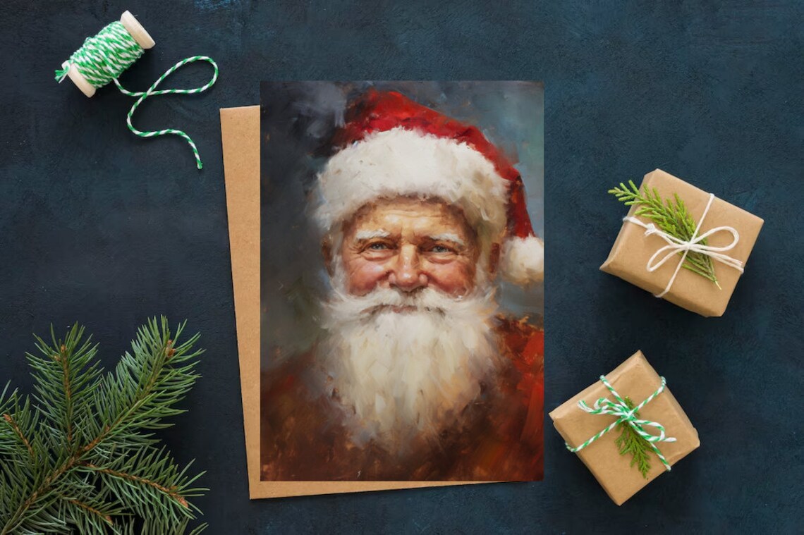 Vintage Santa Claus Oil Painting Portrait Red Hat Christmas Art Print - Image 4