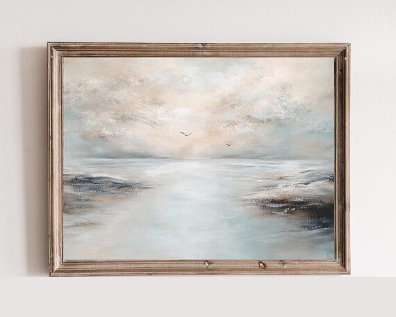 Neutral Antique Misty Seascape Painting Seagulls Vintage Art Print