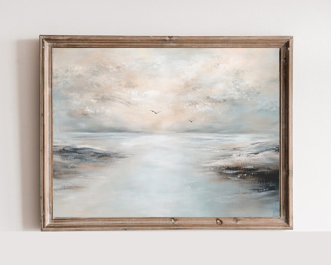 Neutral Antique Misty Seascape Painting Seagulls Vintage Art Print