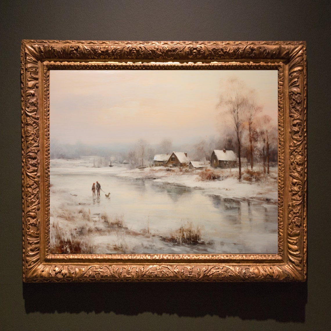Frozen Lake Skating Print Vintage Moody Winter Painting Vintage Wall Art Unique Home Decor Painting Of Frozen Lake - Image 3