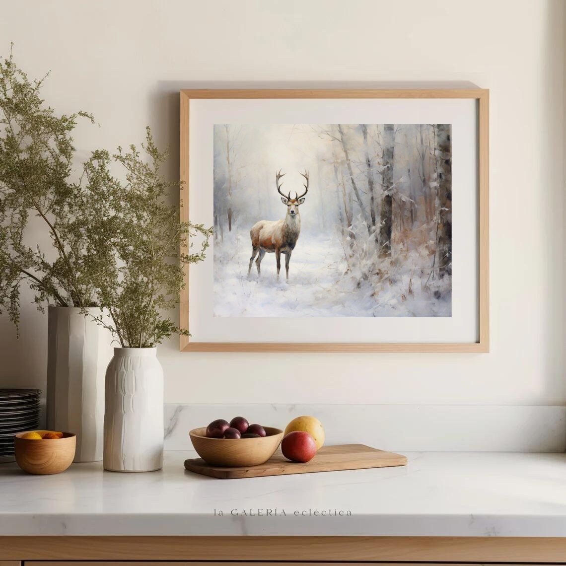 Majestic Stag Snowy Birch Forest Winter Wildlife Painting Poster - Image 4