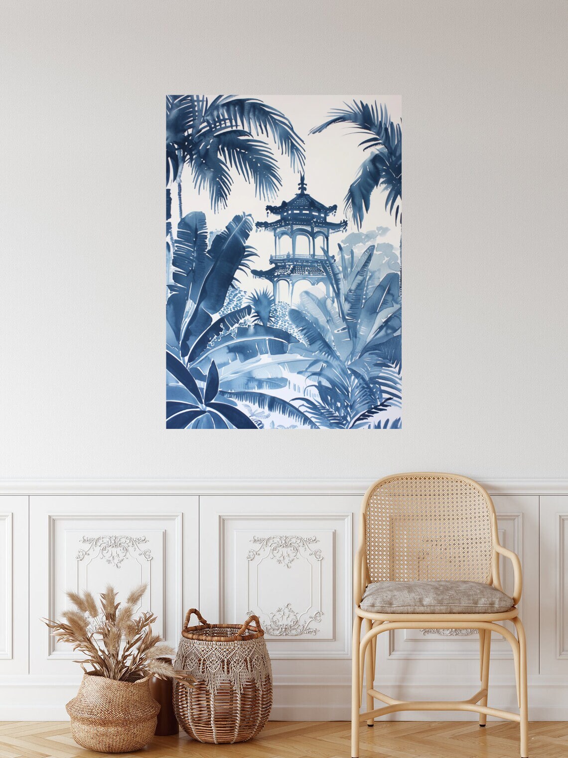 Blue Pagoda Palm Trees Chinoiserie Watercolor Botanical Wall Art - Image 4