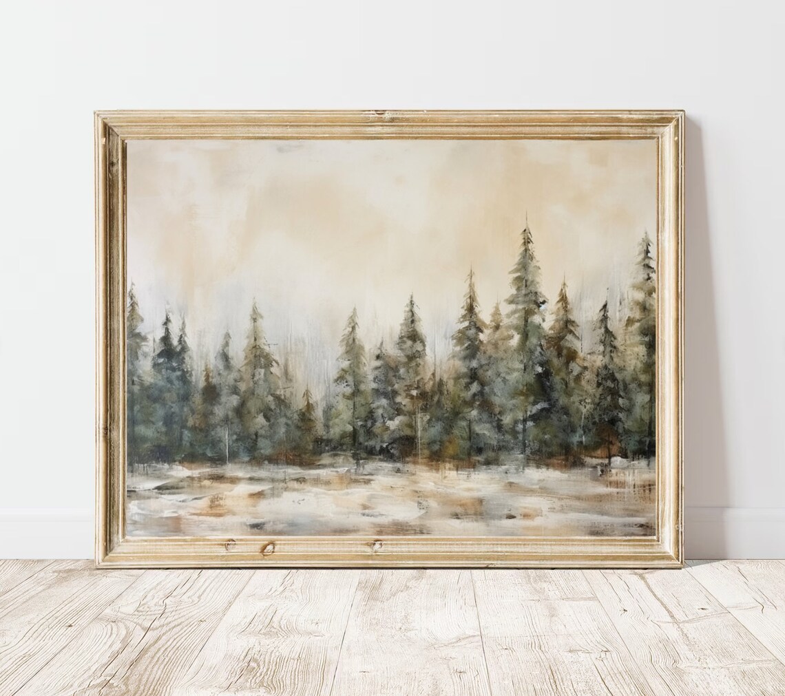 Snowy Pine Forest Watercolor Winter Landscape Neutral Rustic Poster - Image 2