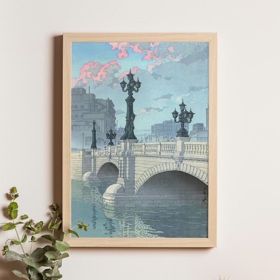 Kawase Hasui 1940 Nihonbashi Bridge Tokyo Lamps Dusk Woodblock Poster