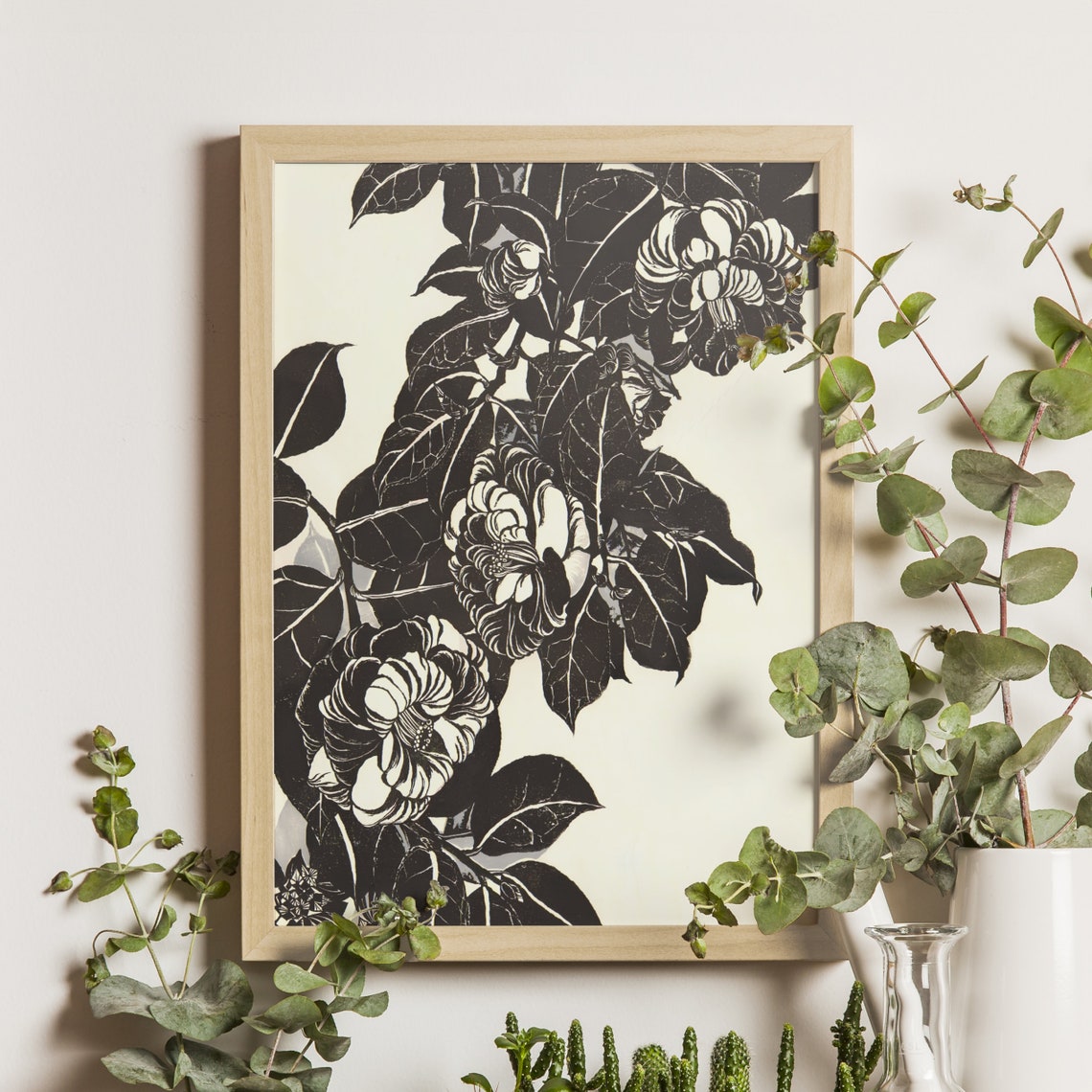 Black and White Camellia Blossom Bold Botanical Woodcut Poster