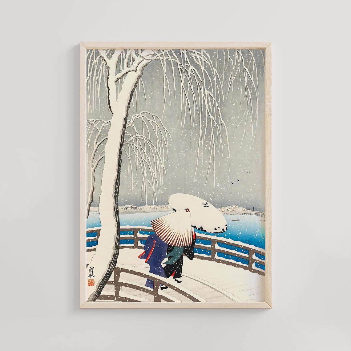 Snow on Willow Bridge Ohara Koson Winter Landscape Woodblock Poster