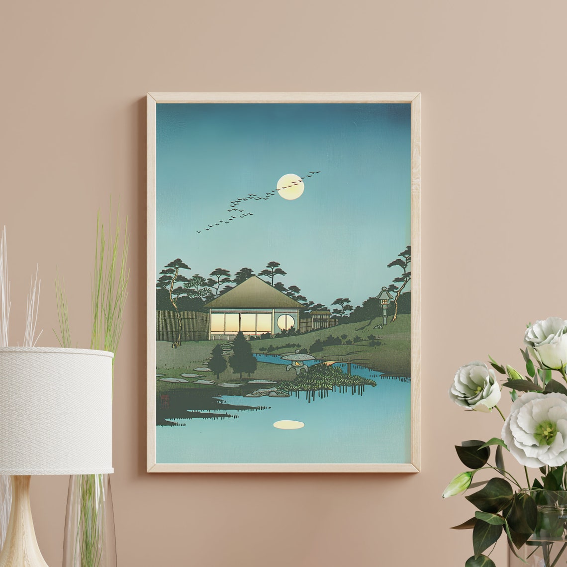 Full Moon Over Pondside Pavilion With Flying Geese Woodblock Poster