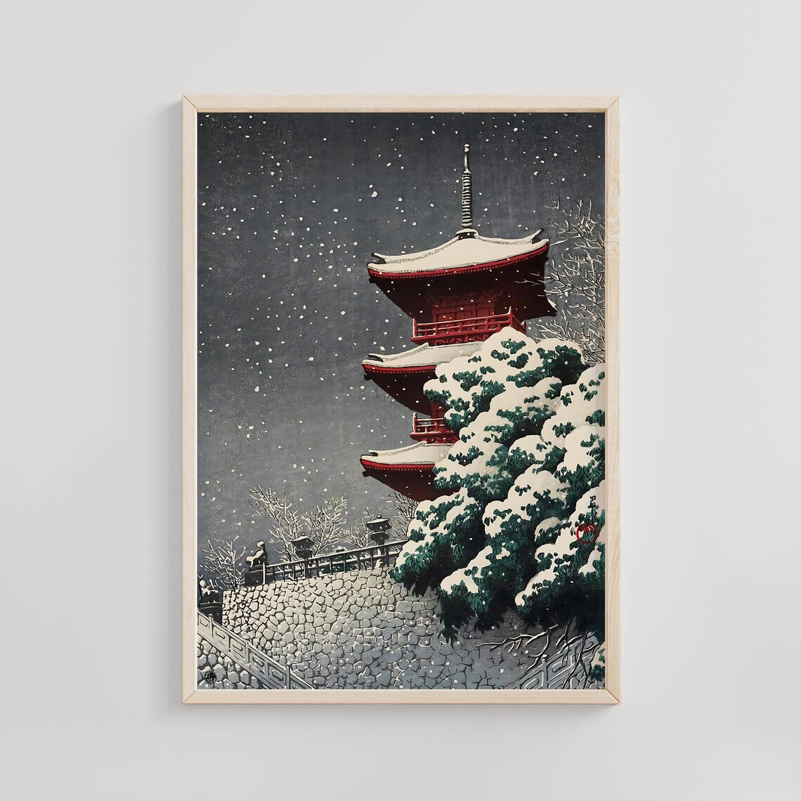 Kawase Hasui Red Pagoda in Heavy Snow Winter Night Temple Scene Poster