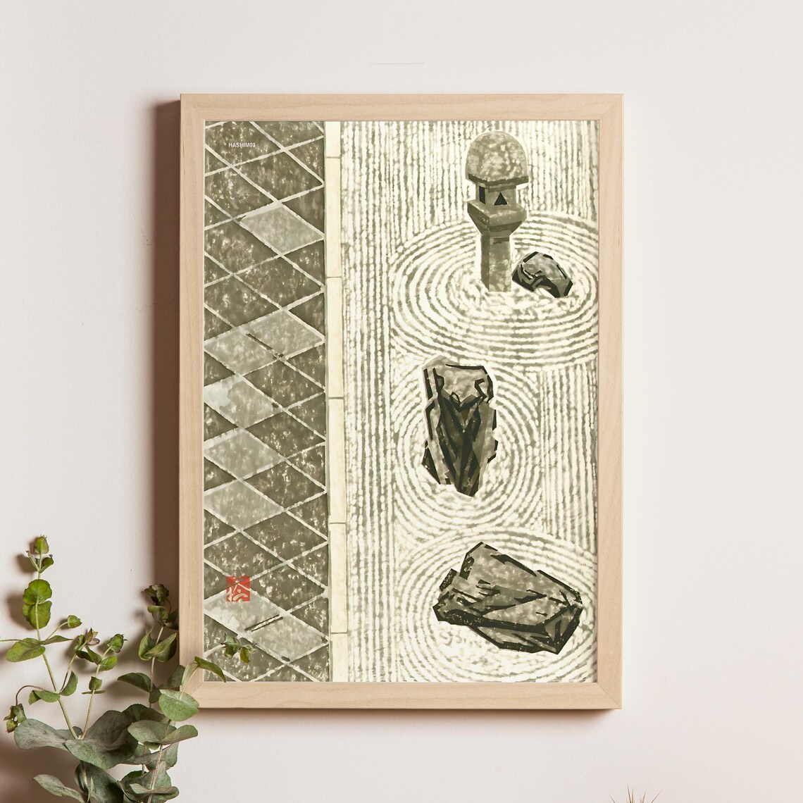 Okiie 1968 Zen Rock Garden Stone Lantern Japanese Monochrome Poster