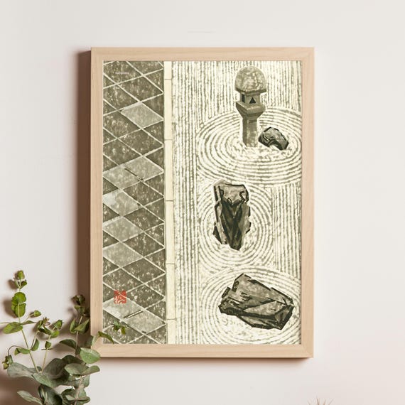 Rock Garden By Okiie 1968 Japanese Woodblock Landscape Print Zen Dry Poster Midcentury Modern Decor