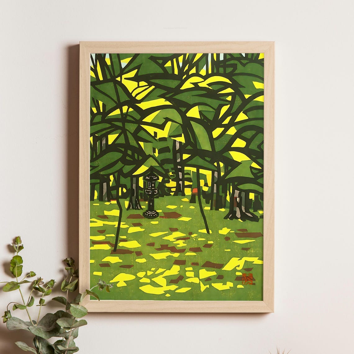 Hashimoto Okiie Maple Garden Stone Lantern Autumn Woodblock Poster