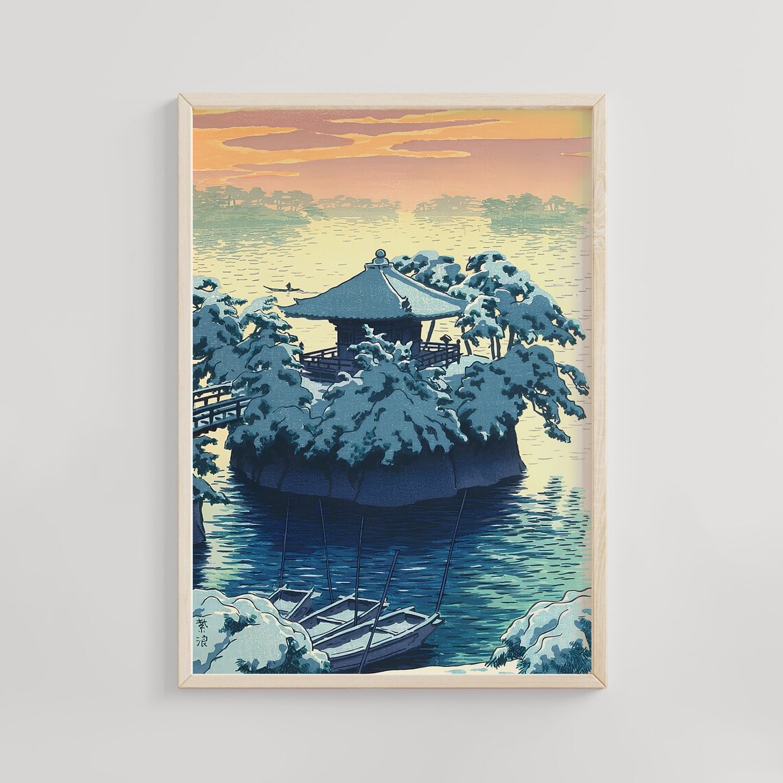 Snowy Island Pavilion Glowing Sunset Moored Boats Woodblock Poster