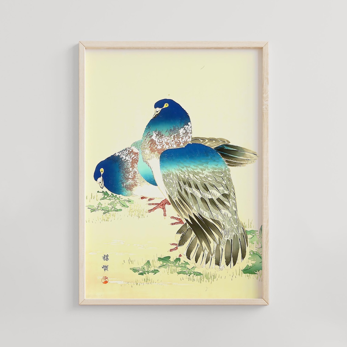 Pair of Blue and Brown Doves in Japanese Bird Woodblock Poster