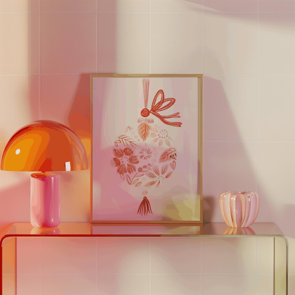 Pink Floral Ornament Watercolor Bauble Ribbon Elegant Holiday Wall Art - Image 2