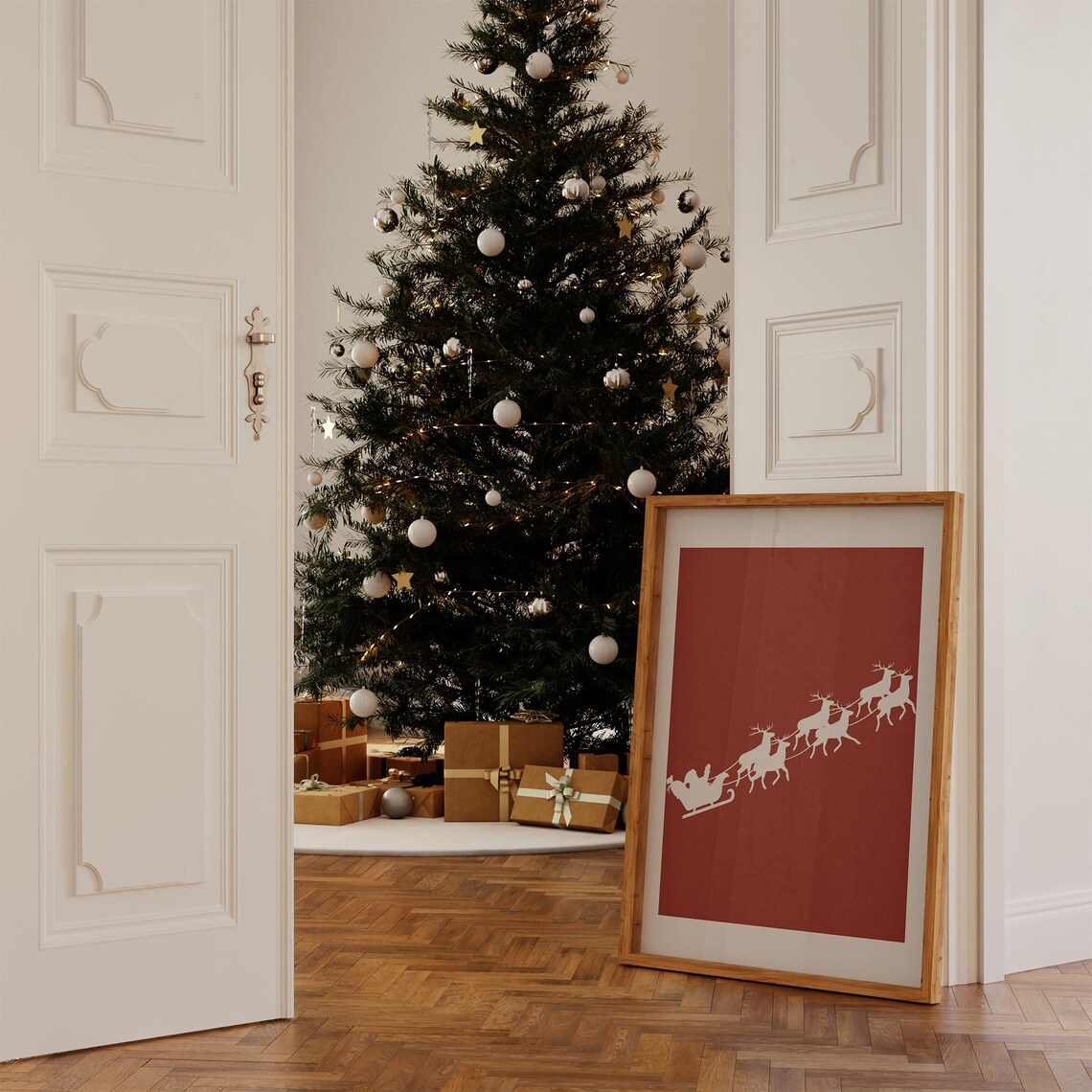 Santa Sleigh Reindeer Silhouette Red Christmas Night Minimalist Poster - Image 2