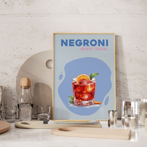 Negroni Aperitif Cocktail Red Rocks Blue Kitchen Bar Art Poster