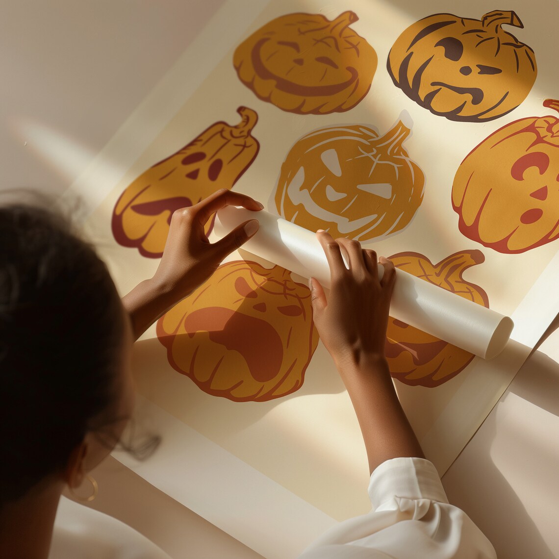 Funny Jack O Lantern Faces Pumpkin Grid Retro Halloween Kids Wall Art Print - Image 3