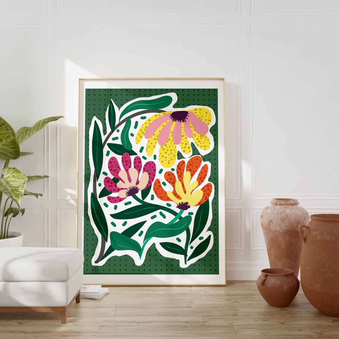 Colorful Floral Boho Daisy Green Background Modern Botanical Poster