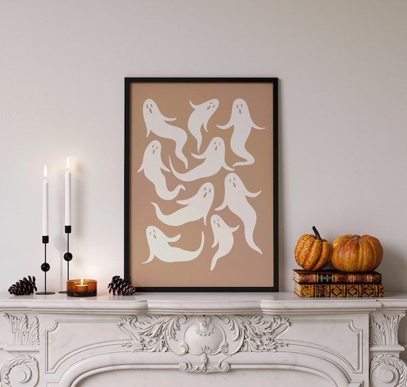 Cute Floating Ghost Pattern Beige Minimalist Spooky Halloween Print