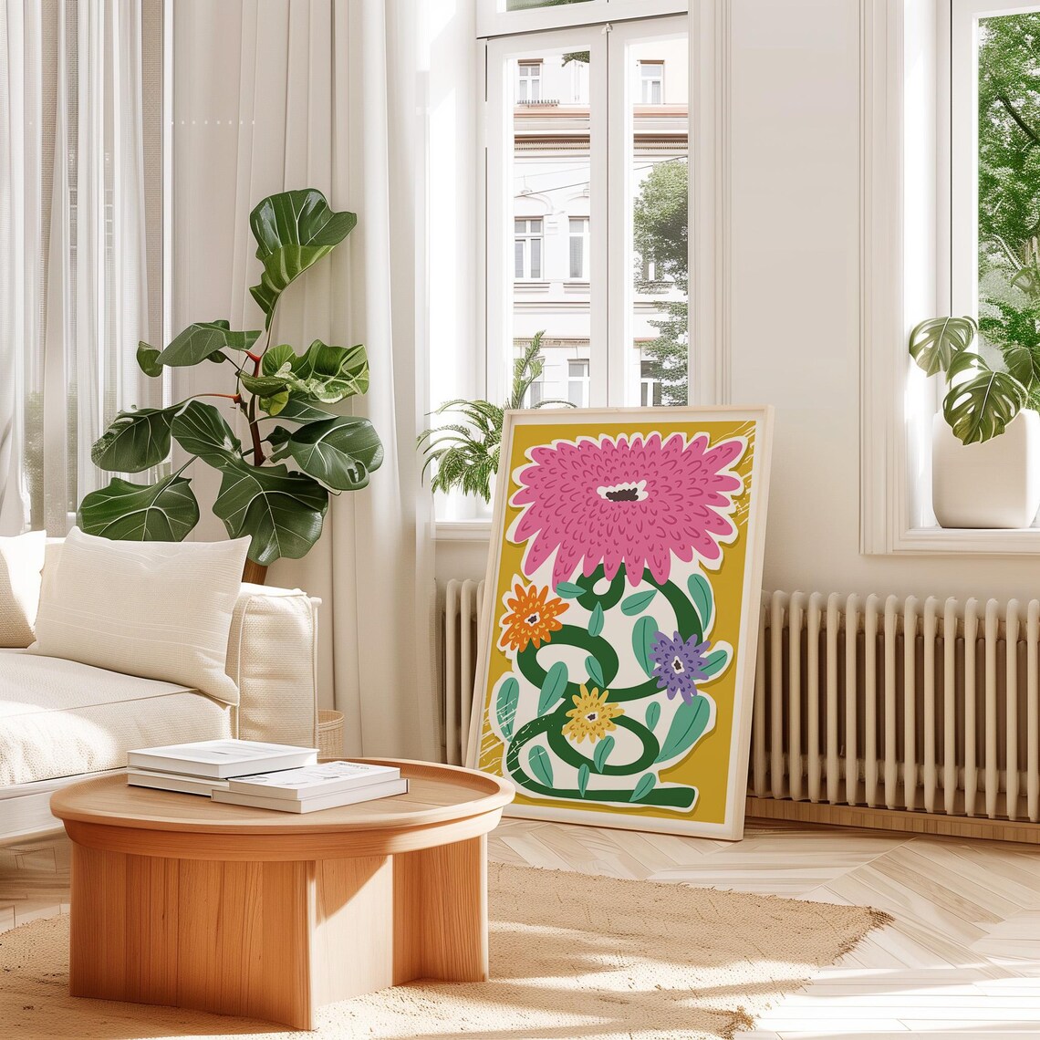 Bold Pink Daisy Retro Floral Mustard Colorful Botanical Poster - Image 3