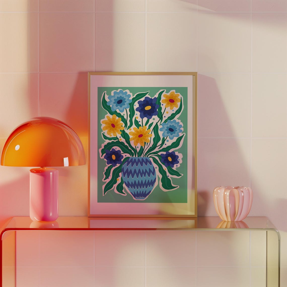 Blue Yellow Bouquet Zigzag Vase Green Background Bold Floral Wall Art - Image 3