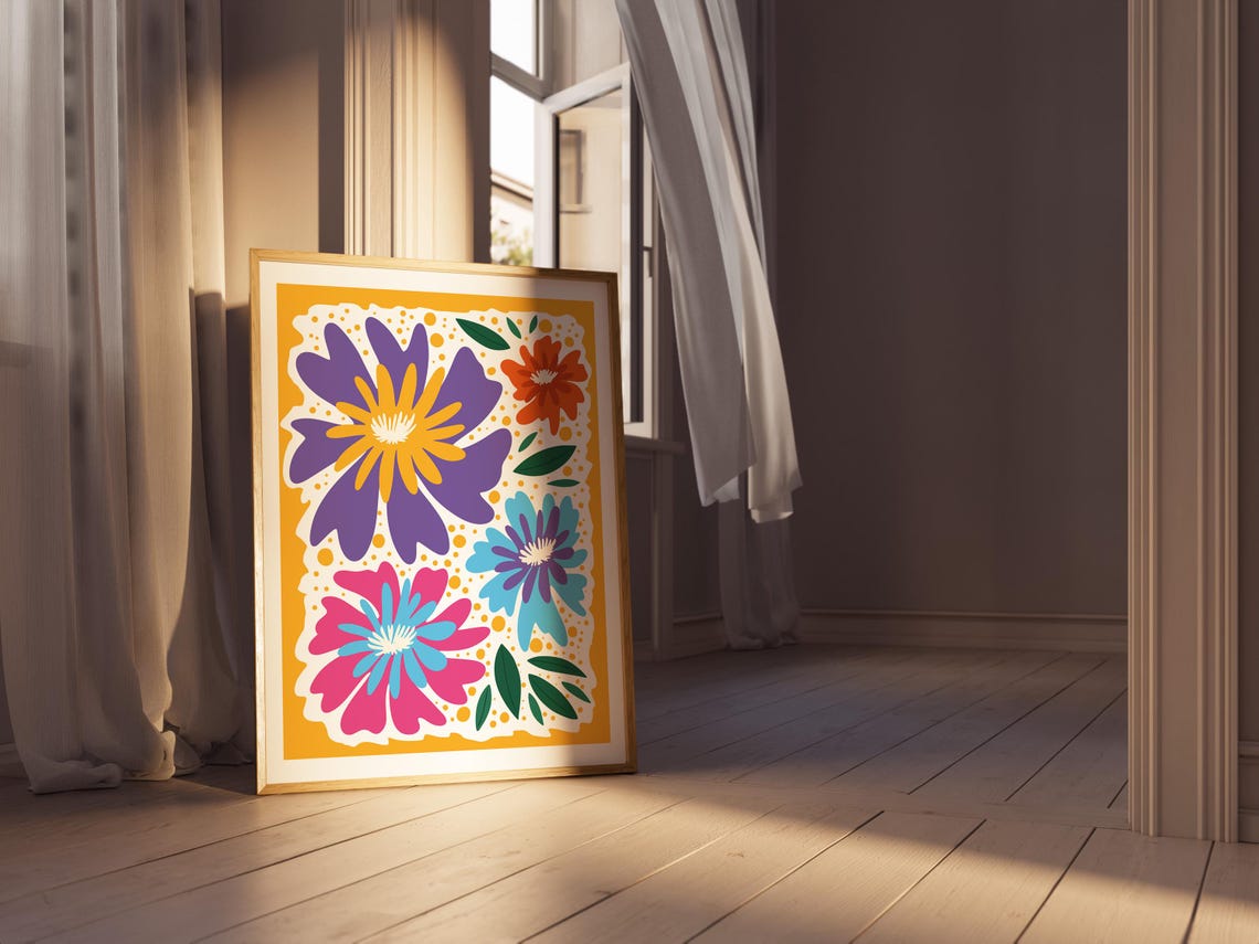 Bold Colorful Flowers Purple Pink Blue Yellow Folk Art Botanical Print - Image 3