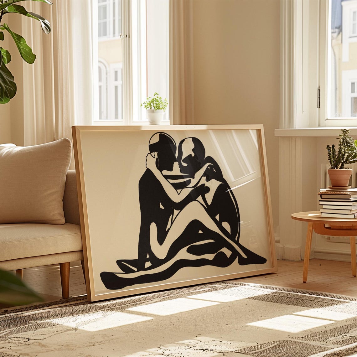 Embracing Couple Silhouette Black Beige Abstract Romantic Modern Print