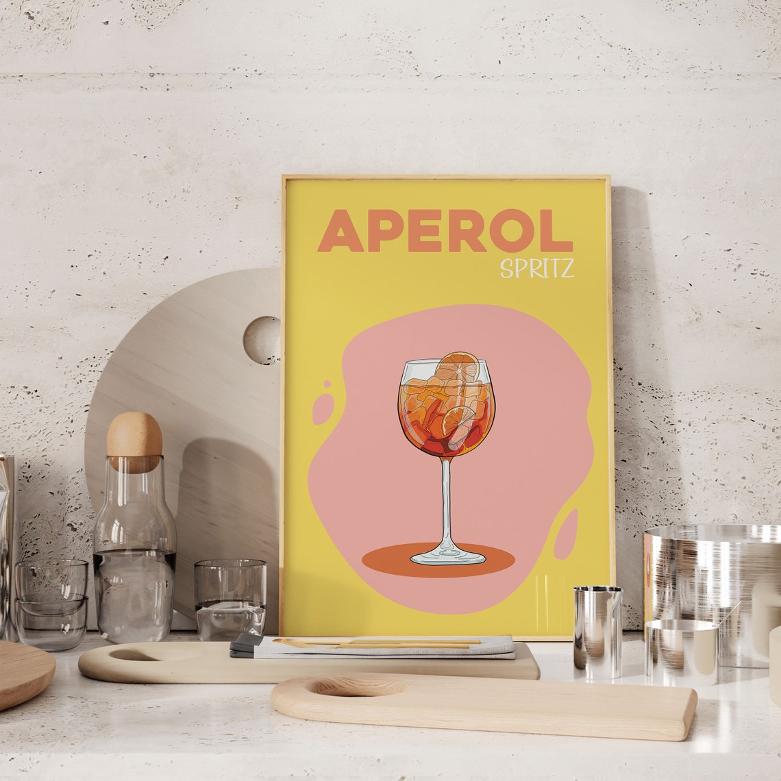Aperol Spritz Orange Yellow Retro Cocktail Bar Cart Wall Art