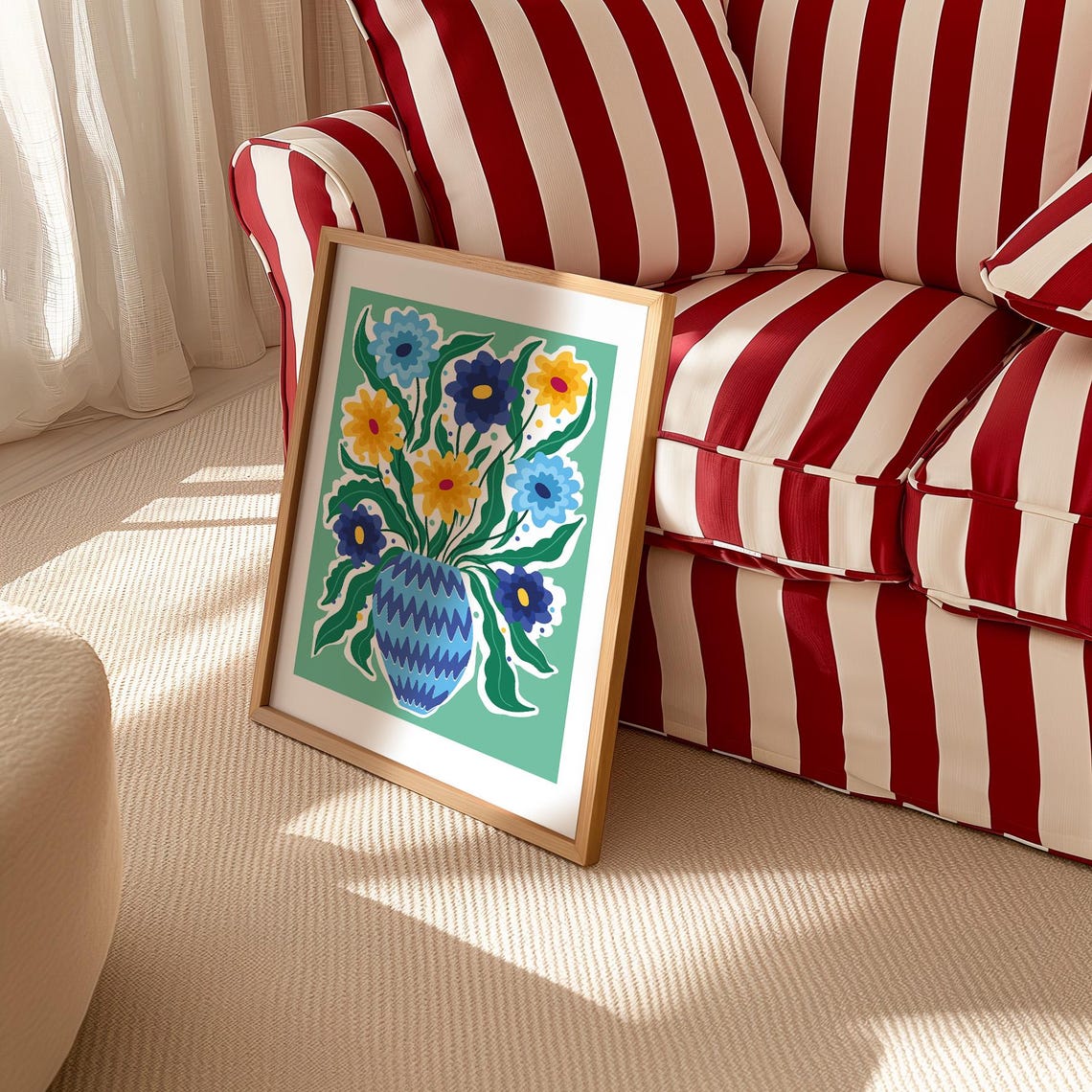 Blue Yellow Bouquet Zigzag Vase Green Background Bold Floral Wall Art - Image 4
