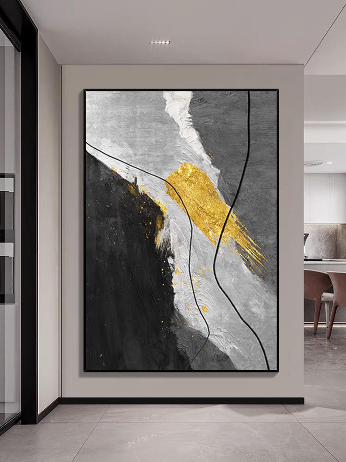 Abstract Gray Black Gold Brushstroke Textured Modern Art Poster - Image 3