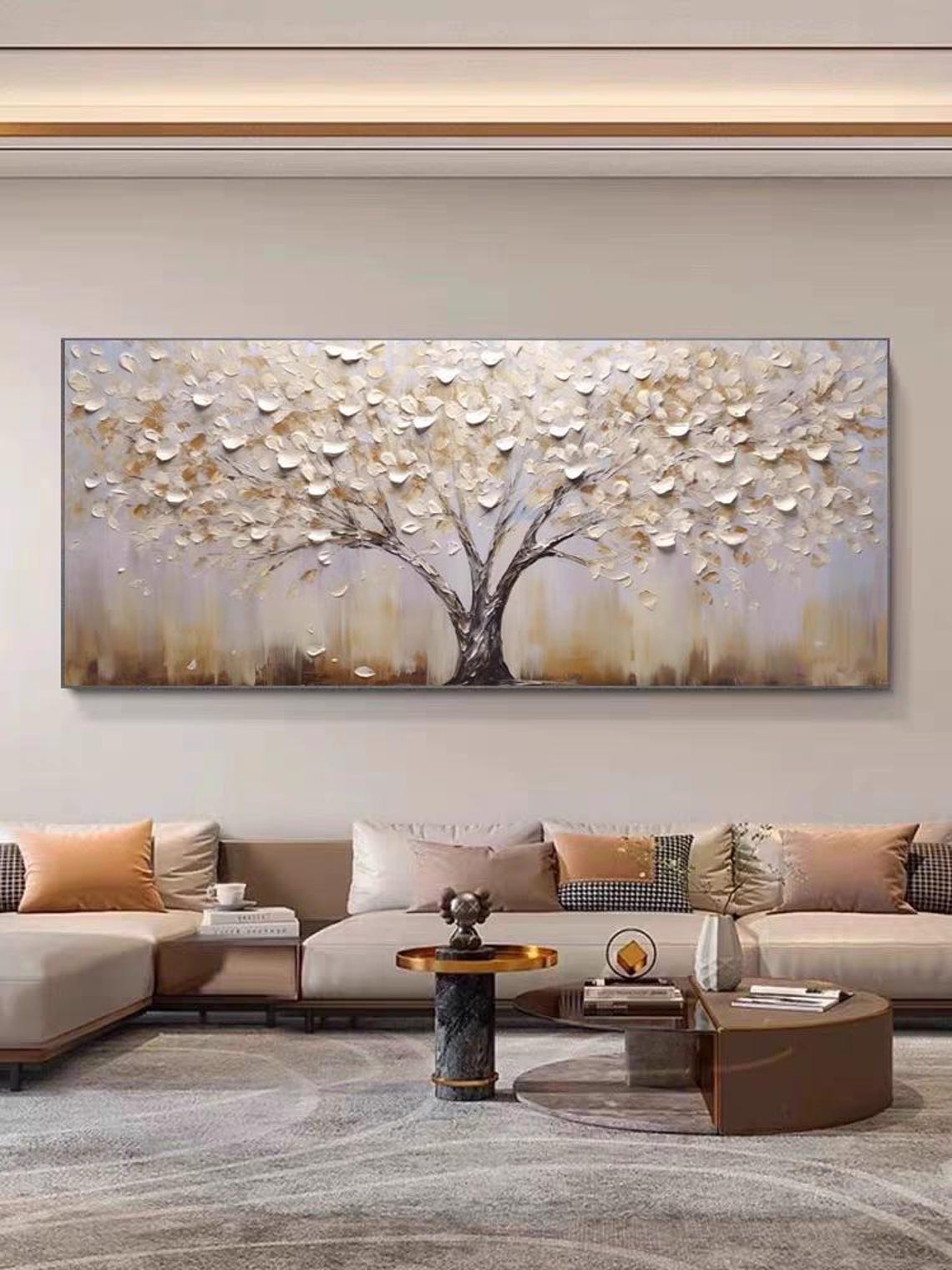 White and Gold Blossom Tree Panoramic Textured Canvas Poster - Image 2