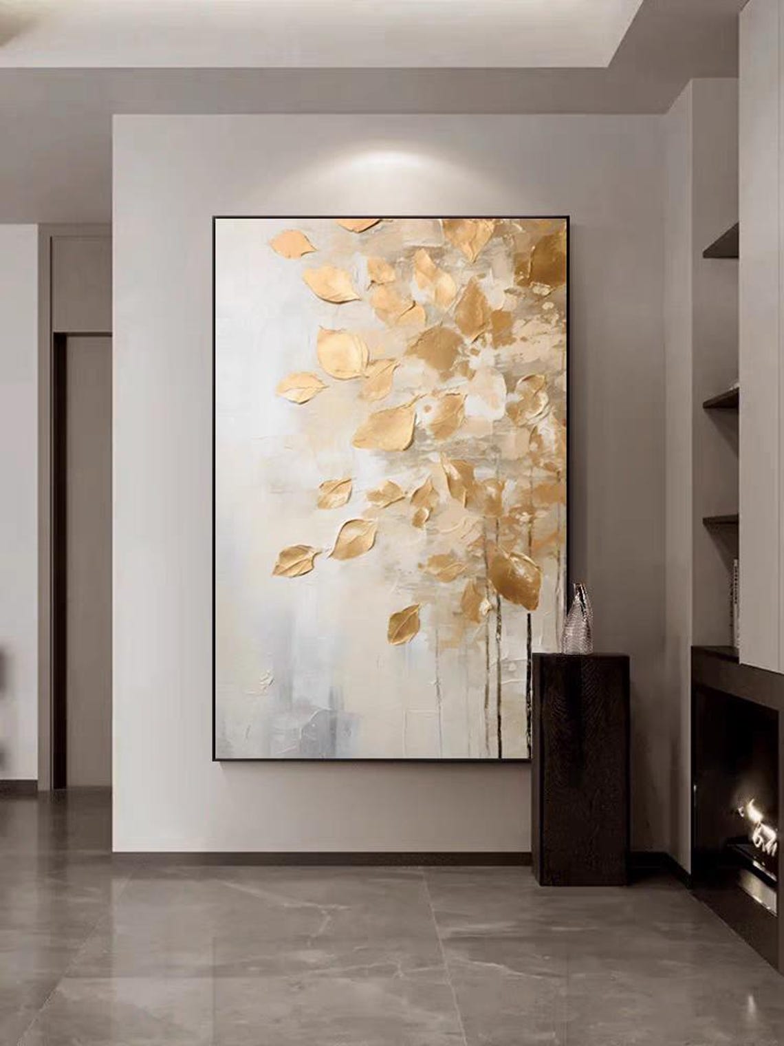 Golden Autumn Leaves Falling Textured Abstract Acrylic Poster - Image 3