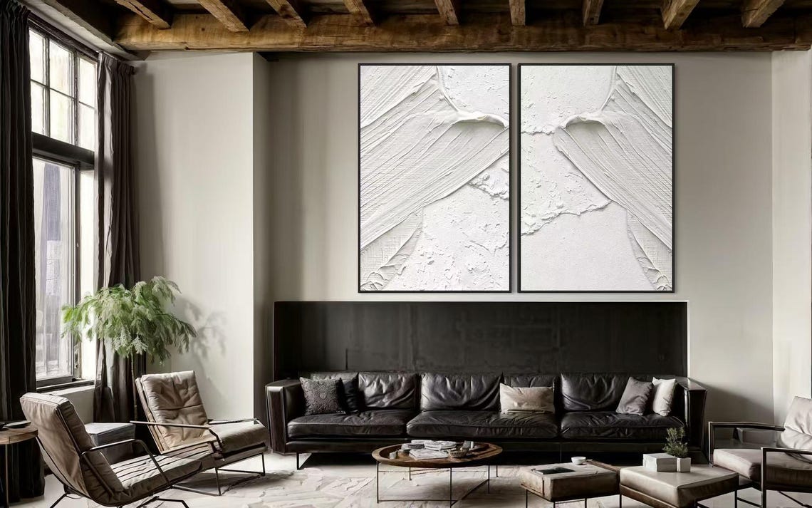 White Sweeping Diagonal Strokes Diptych Pair Textured Twin Poster - Image 3