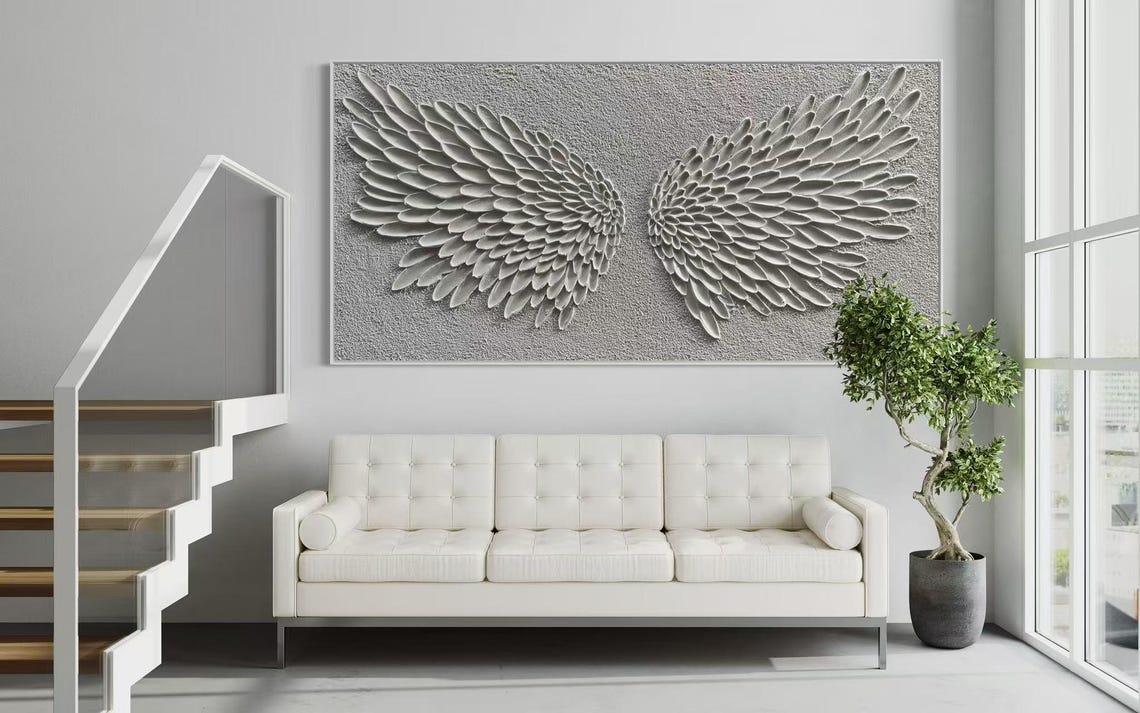 Spread White Angel Wings Sculpted Feather Relief 3D Canvas Poster - Image 3