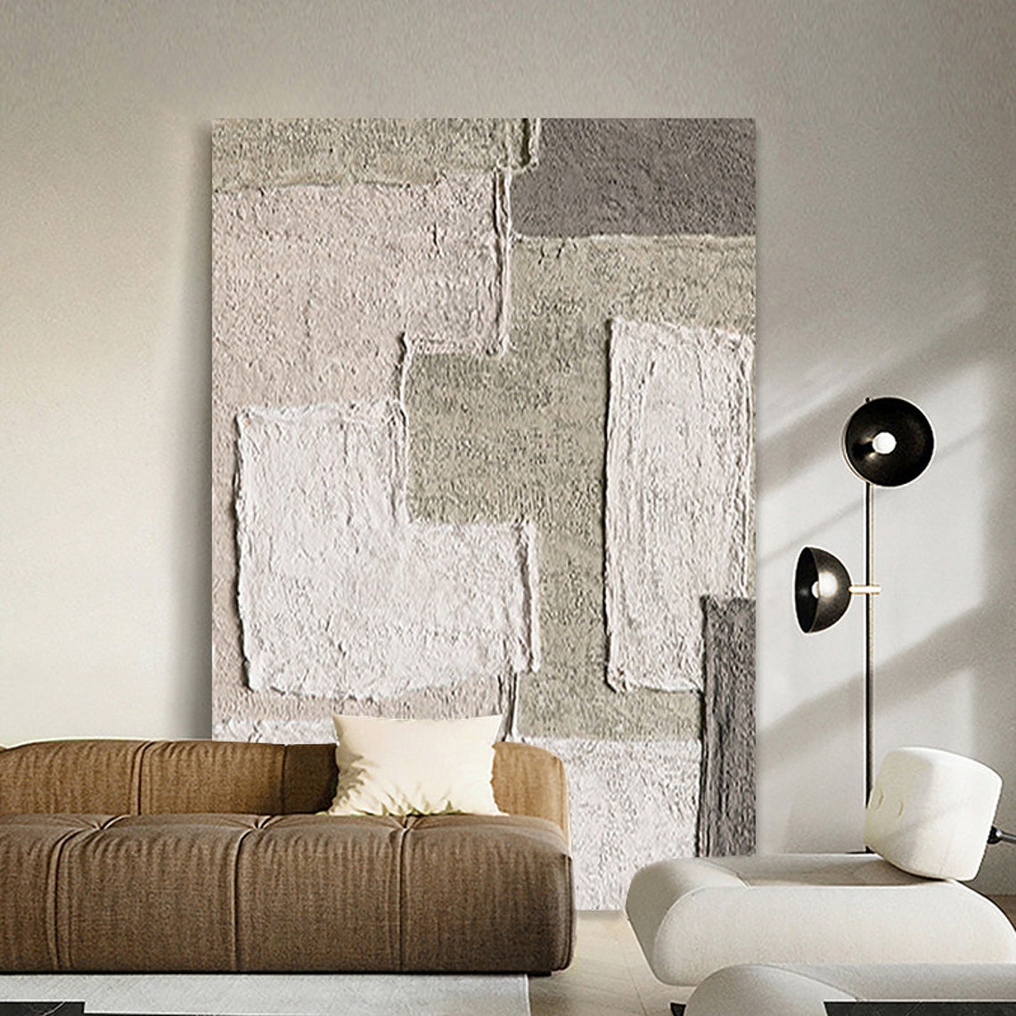 Grey Square Blocks 3D Textured Minimalist Abstract Vertical Wall Art - Image 2