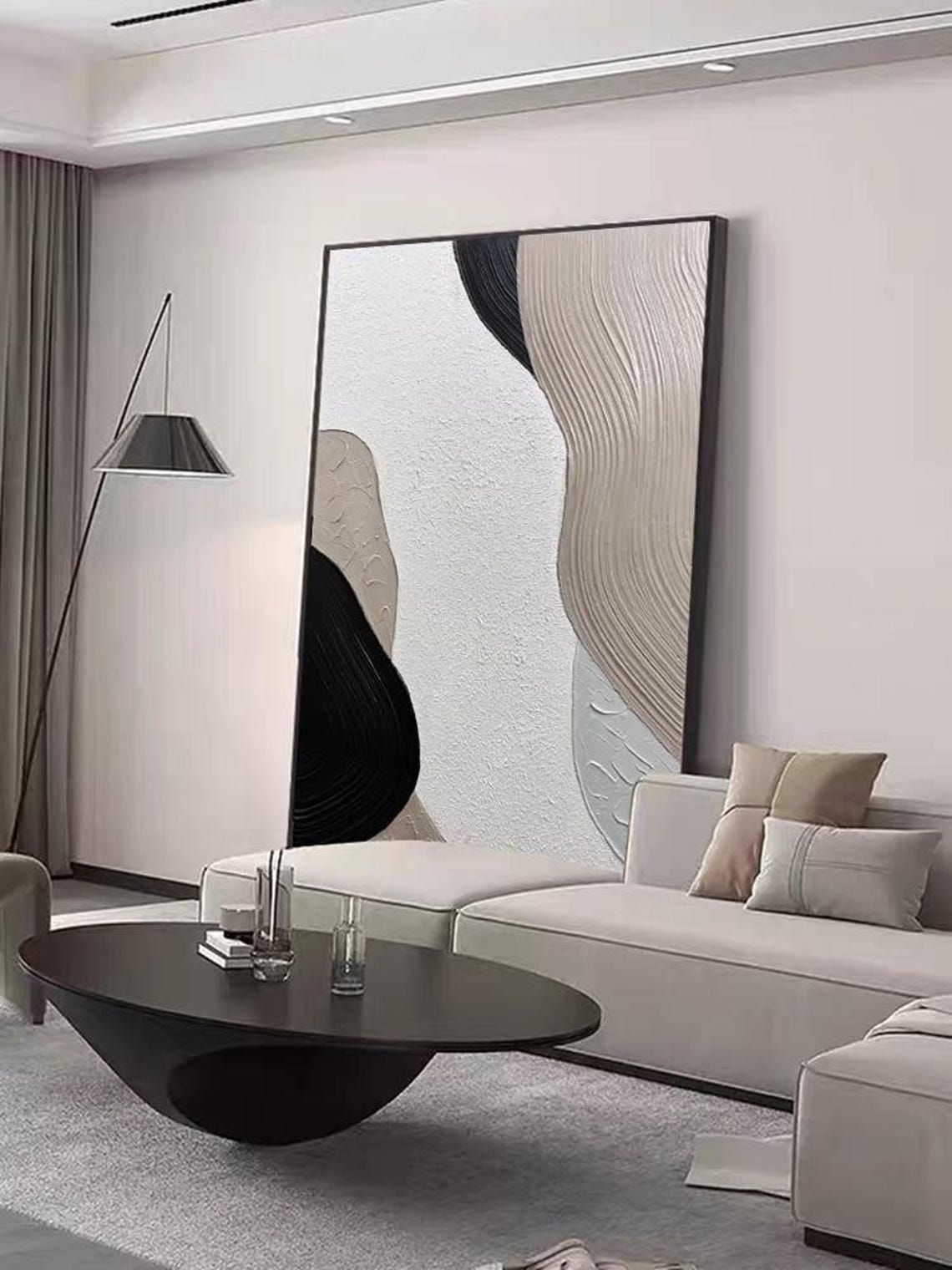Black White Beige Curved Shapes Textured Abstract Vertical Wall Art - Image 3