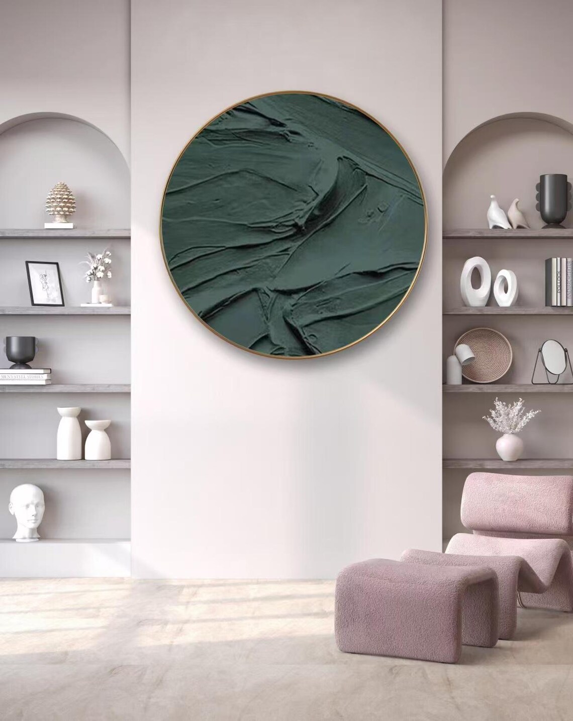 Circle Thick Textured Wall Art Green Tone Acrylic Painting Abstract Wall Decor For Living Home Hand Painted Brushstrokes Art On - Image 2