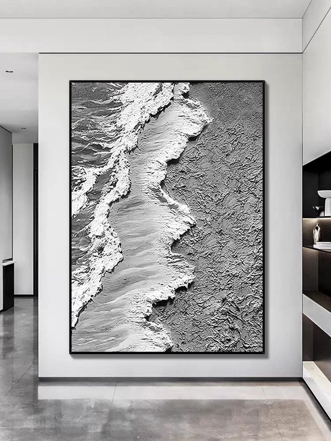 Monochrome Grey Aerial Ocean Waves with White Foam Texture Poster - Image 3