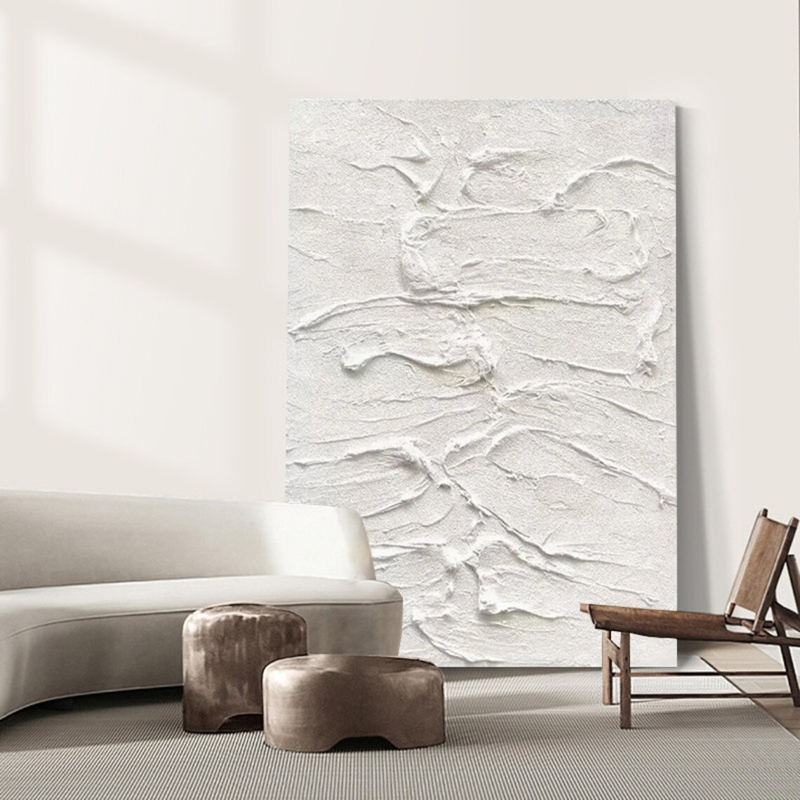 Thick Textured White Strokes Pattern Art Large Modern Hand Painted Palette Knife Painting White Simplistic Minimalism Abstract Wall Art - Image 2