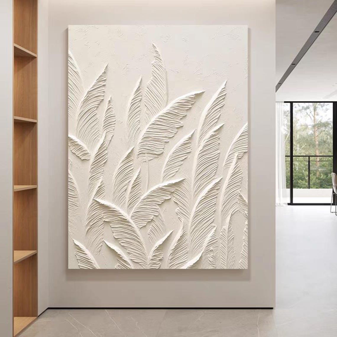 White Feather Leaves Relief Textured Botanical Art Decor Poster - Image 2