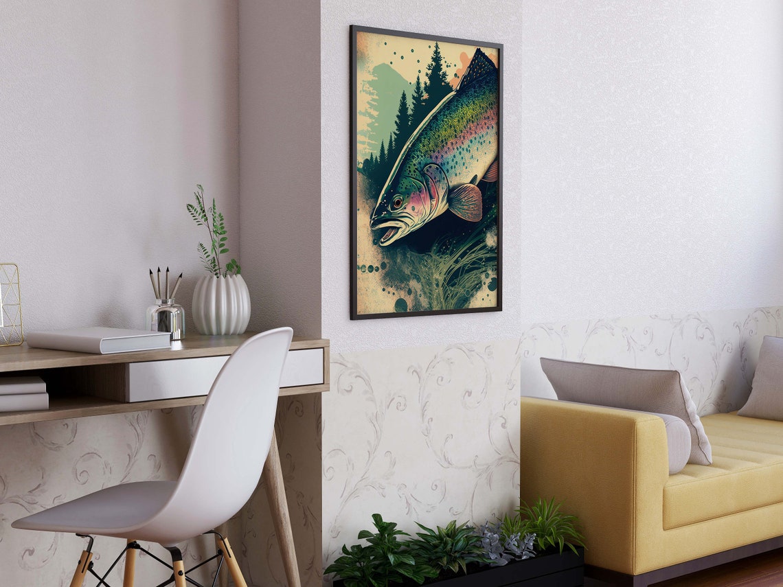 Rainbow Trout Leaping Beneath Pine Forest Vintage Fishing Poster - Image 3