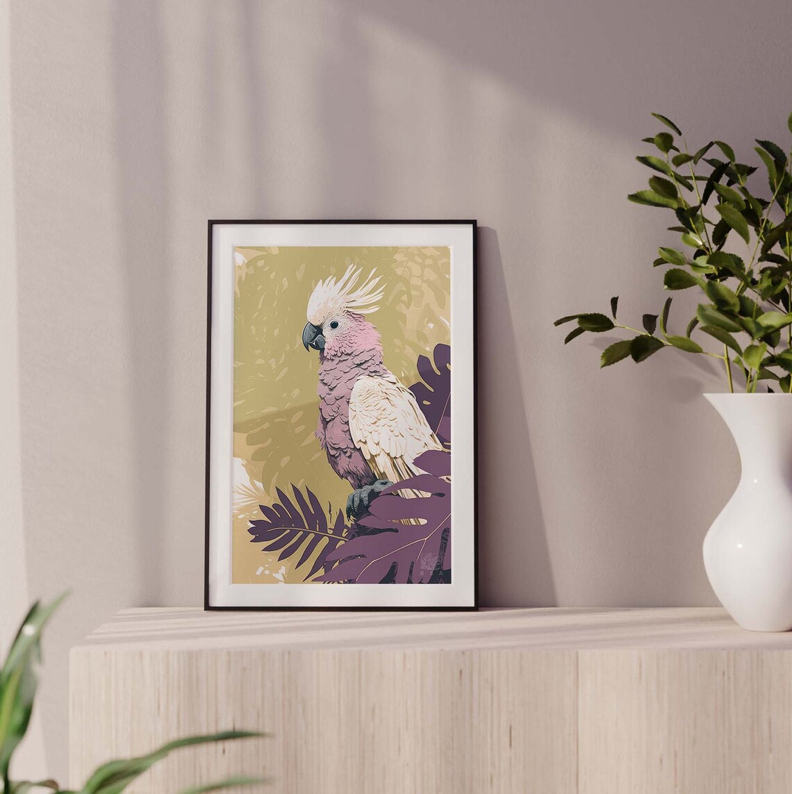 Pink Cockatoo Poster Golden Tropical Bird With Purple Leaves Art - Image 3
