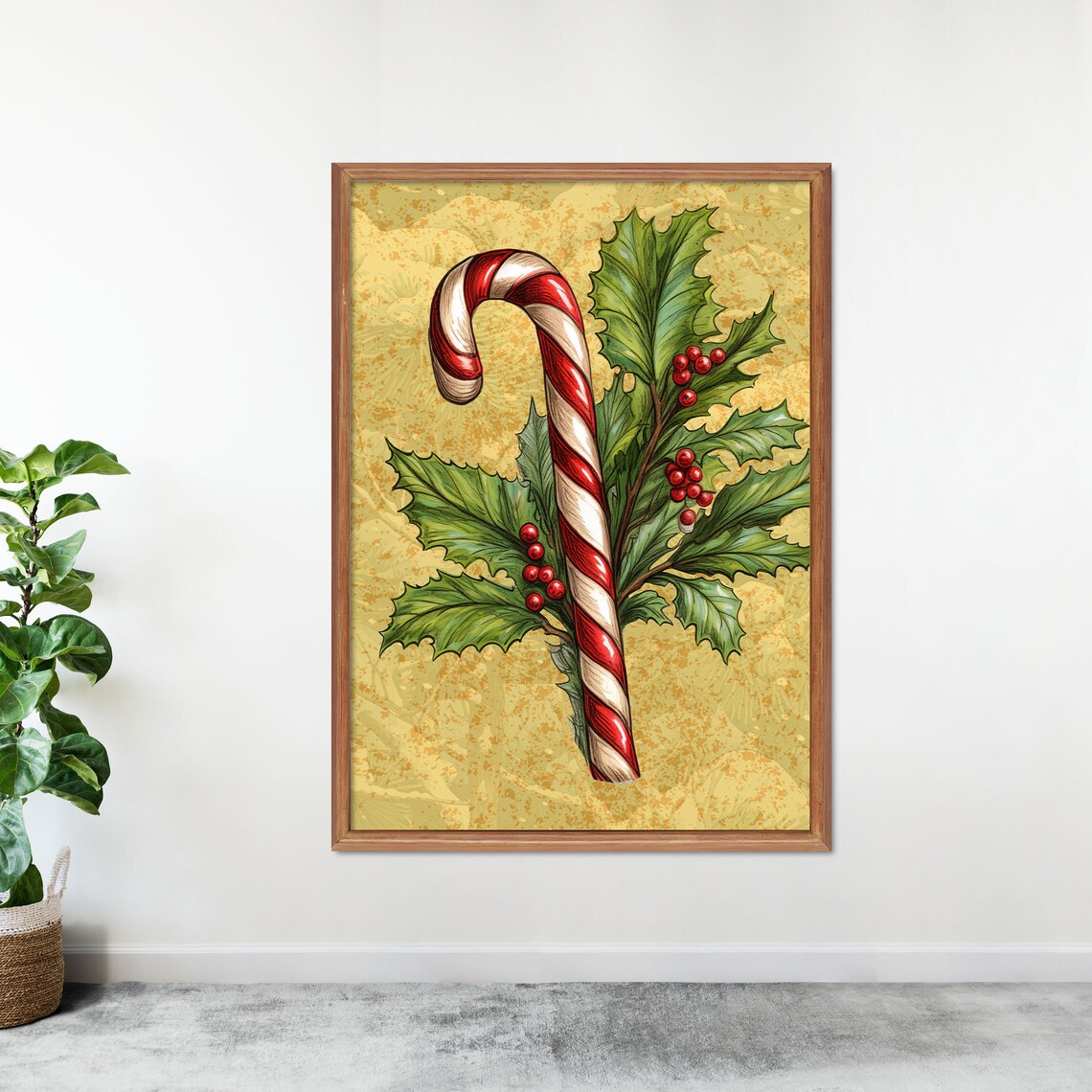 Candy Cane And Holly Berries Beige Snowflake Christmas Sweet Wall Art