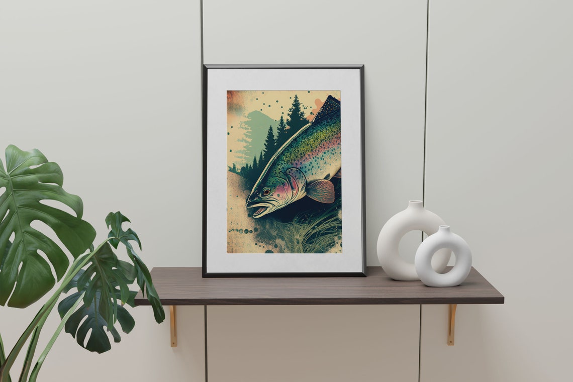 Rainbow Trout Leaping Beneath Pine Forest Vintage Fishing Poster - Image 4