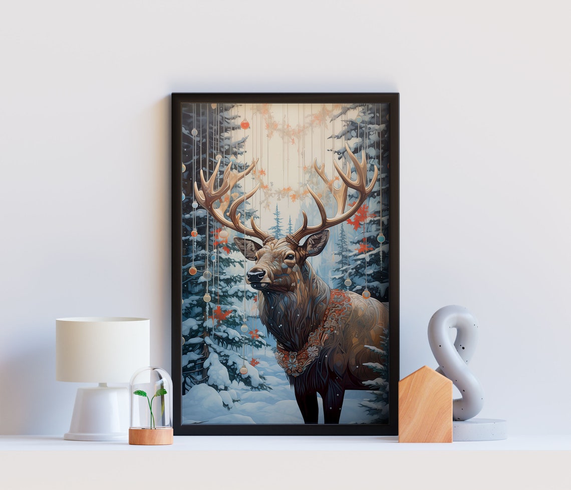 Majestic Elk Stag Snowy Pine Forest Winter Wildlife Scene Wall Art - Image 3