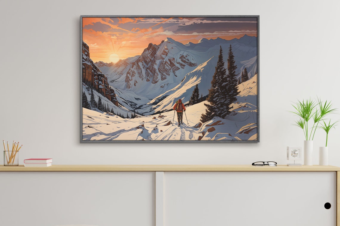 Lone Skier Climbing Snowy Ridges Glowing Sunrise Peaks Poster - Image 3