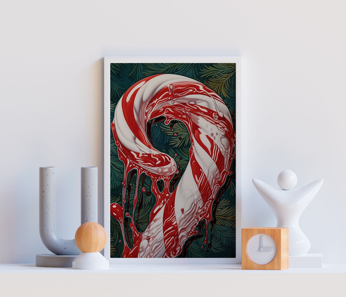 Melting Candy Cane Red Swirls Dark Teal Pine Modern Christmas Wall Art