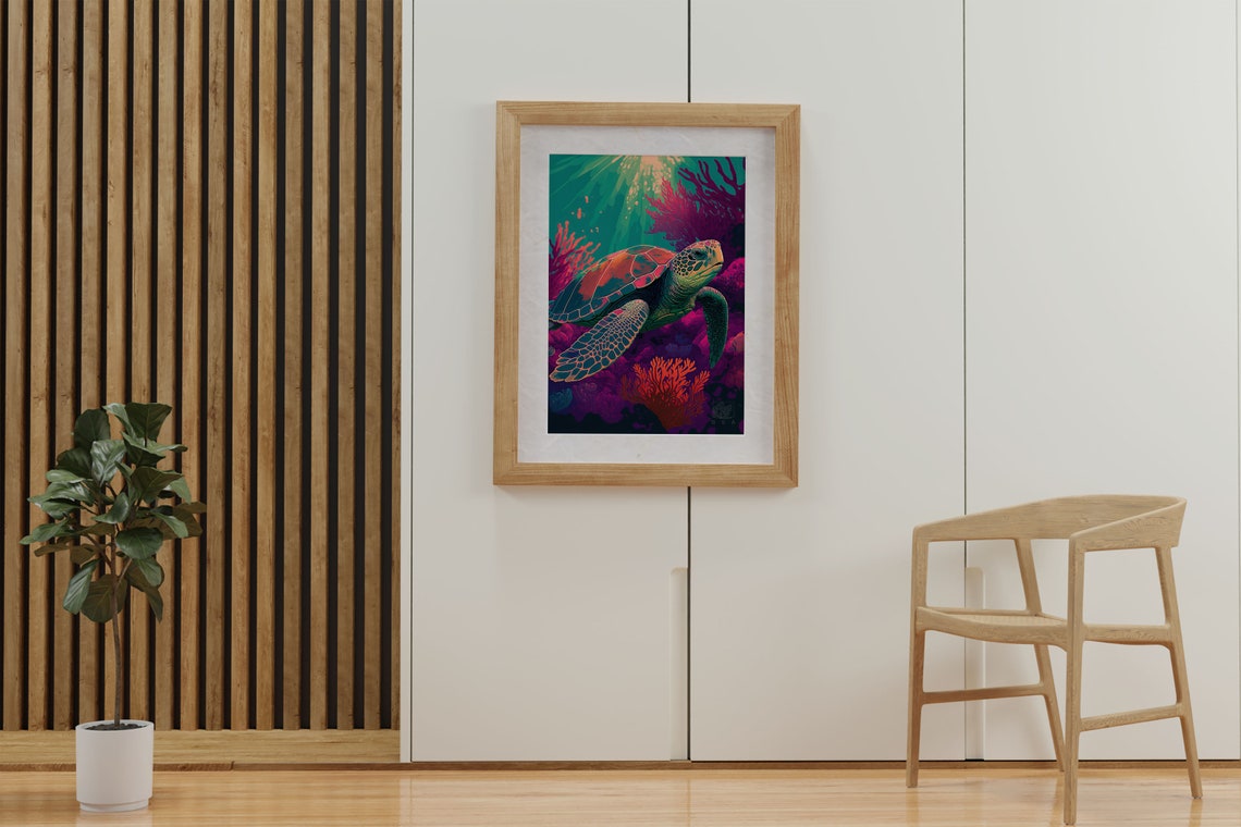 Sea Turtle Gliding Past Sunlit Coral Garden Ocean Scene Poster - Image 3