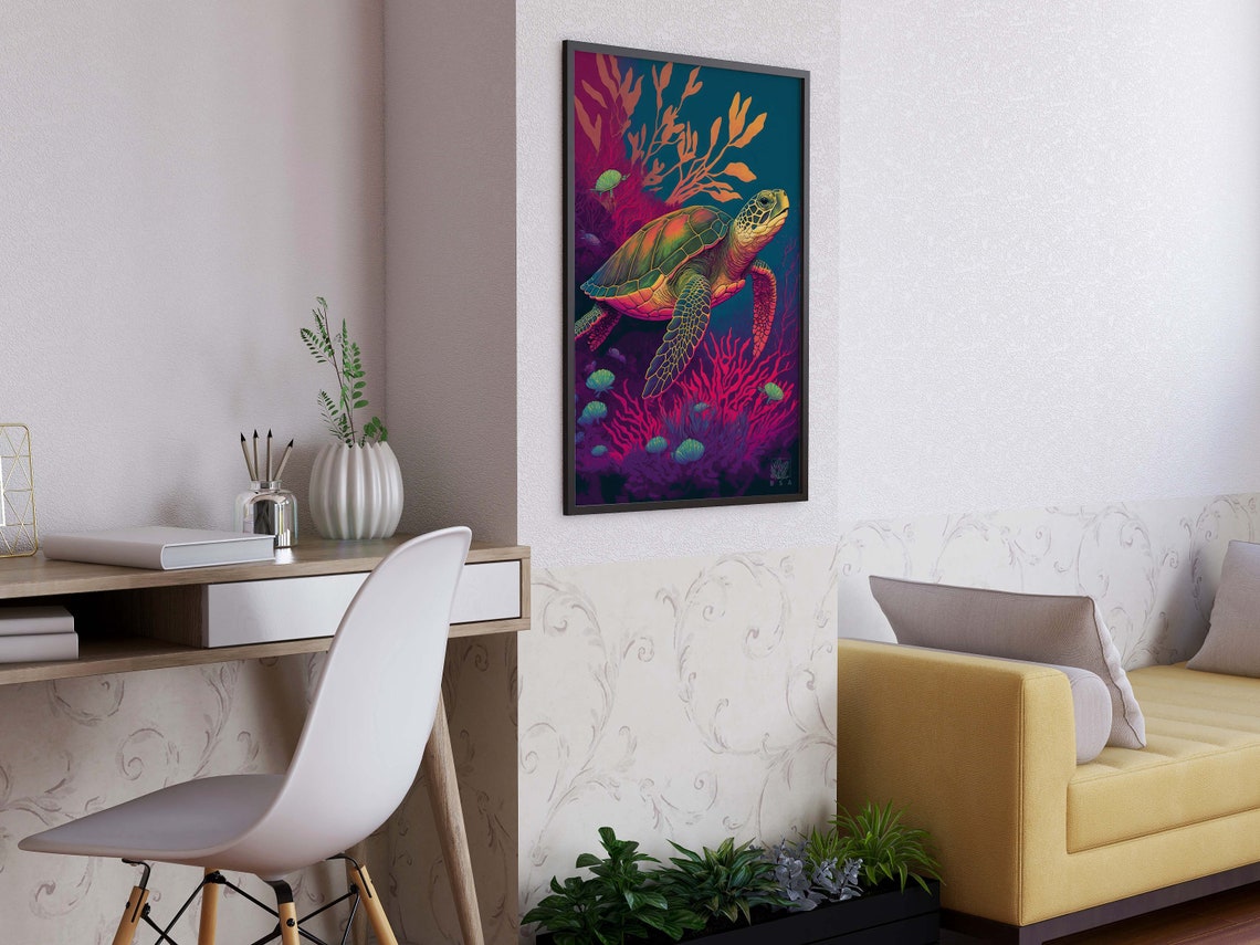 Green Sea Turtle Over Bright Neon Coral Reef Scene Art Poster - Image 4